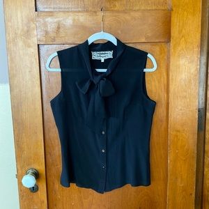 Black silk sleeveless button down blouse, Pink Martini size M, mirror buttons